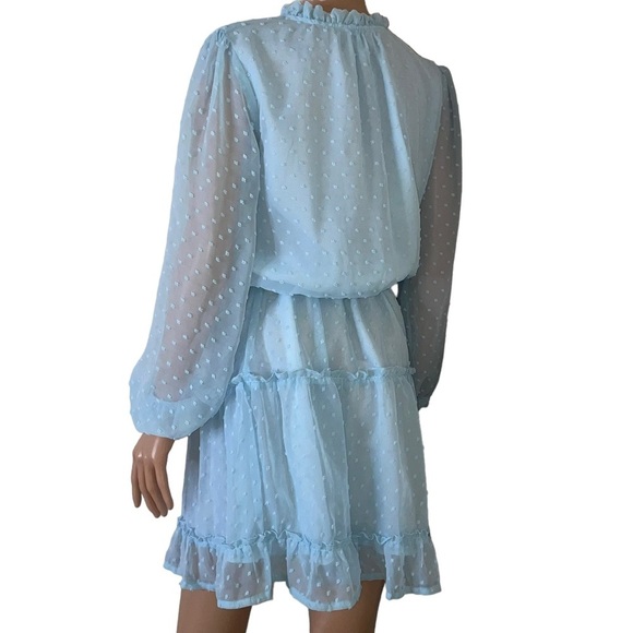 Dress swiss dot baby blue long puff sleeve tiered lined elastic waist SZ SM mini - Picture 5 of 9